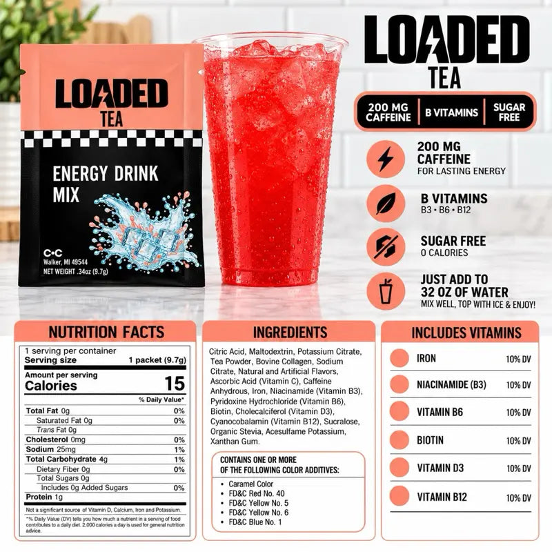 Loaded Tea – Single Packet | 32 oz Caffeinated Flavored Hydration Powder Mix | Made in the USA | Effortless Mixing