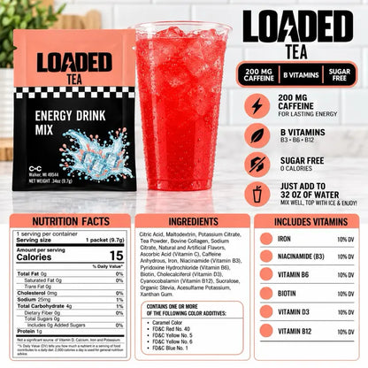 Loaded Tea – Single Packet | 32 oz Caffeinated Flavored Hydration Powder Mix | Made in the USA | Effortless Mixing